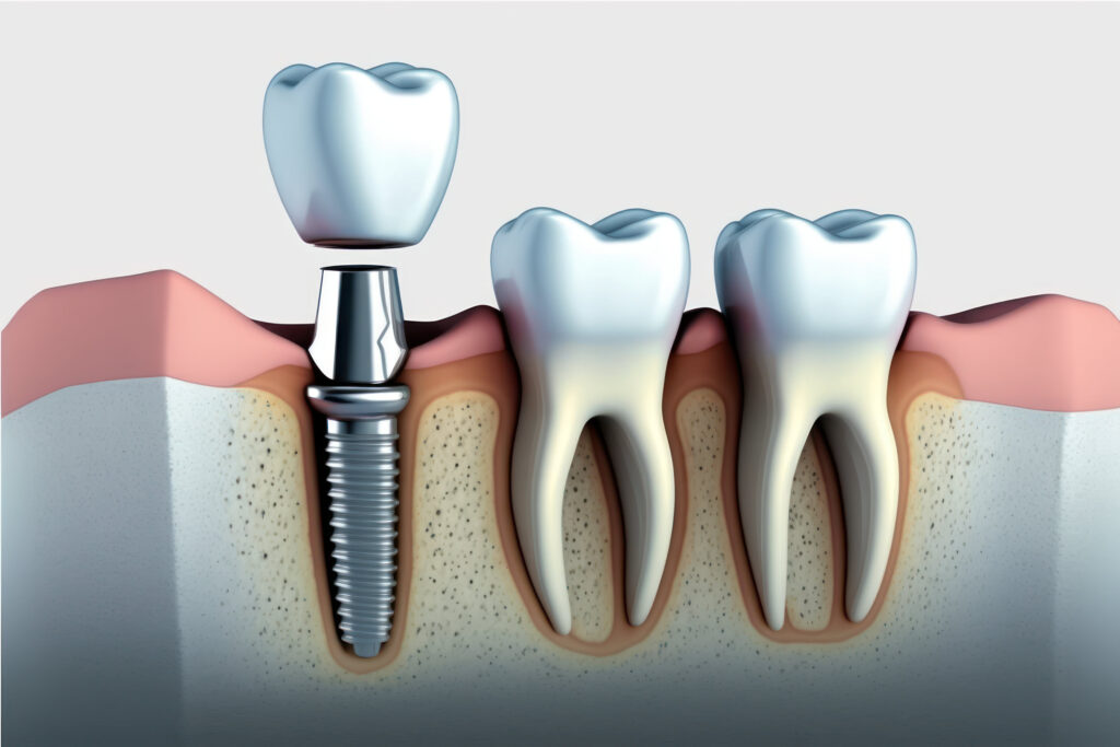 Endosteal implants concept: Rendering of a jaw bone with an implant, abutment and crown.