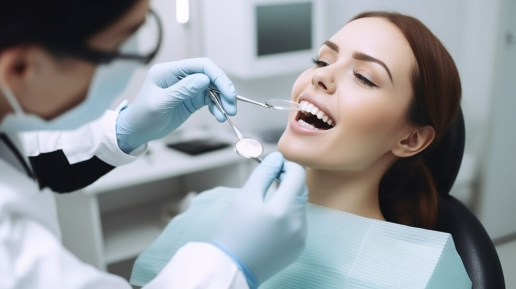 Paciente femenina en el sillón dental siendo examinada por un dentista
