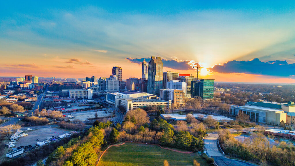 Raleigh, NC skyline at sunset.