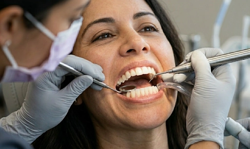 woman Removing Tartar from Teeth