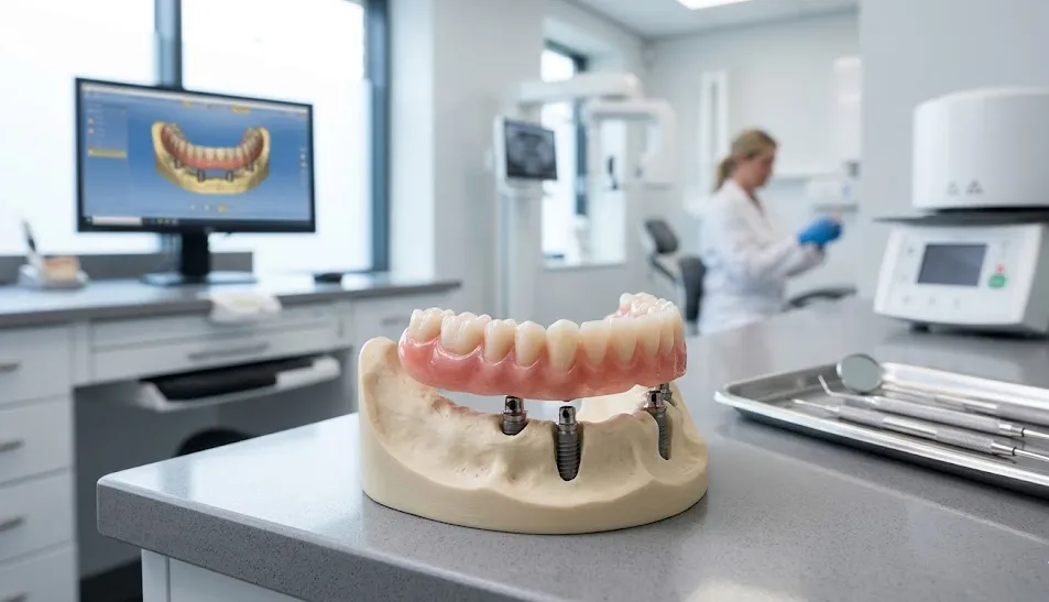 Dental implant model with pink gum and four implants on a lab counter, clinical dental setup in the background
