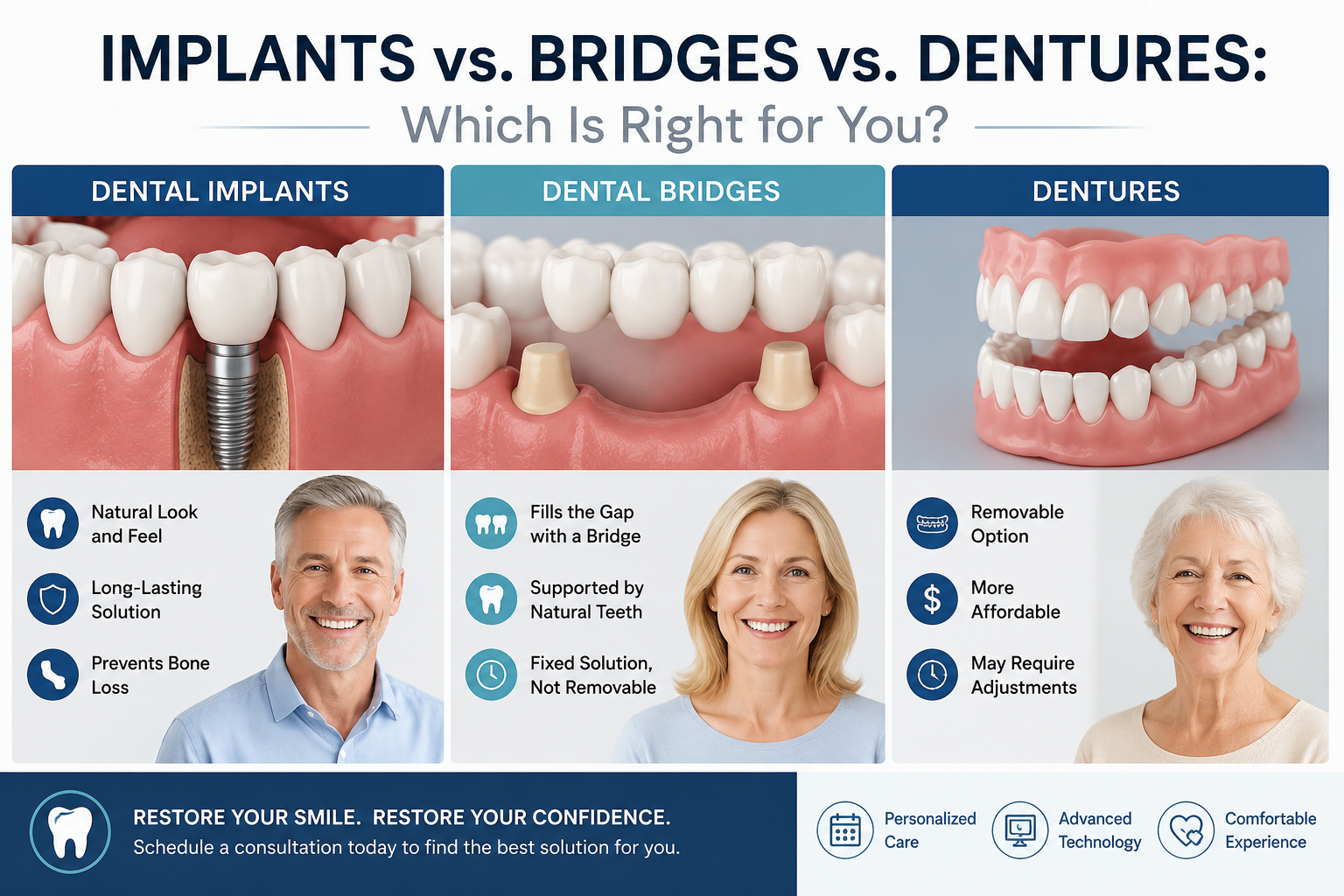 Implants vs. Bridges vs. Dentures: Which Is Right for You - O2 Dental Group Implants vs. Bridges vs. Dentures: Which Is Right for You