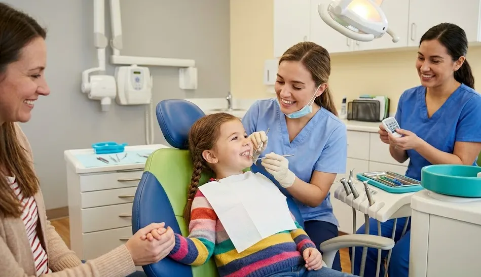 Young girl in a colorful sweater sits in a dental chair, smiling while a dentist cleans her teeth; a nurse assists in the background.