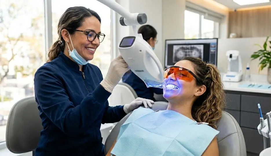 Dentist using a blue LED curing light on a patient wearing protective orange glasses in a dental chair
