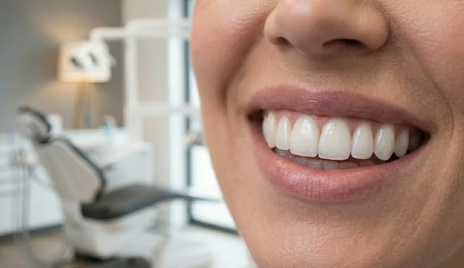 Close-up of a smiling person showing bright white teeth with a dental chair in the background in a clinic setting.