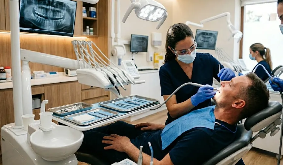 Dentist wearing mask and gloves treats a patient in a dental chair with dental instruments and monitors nearby