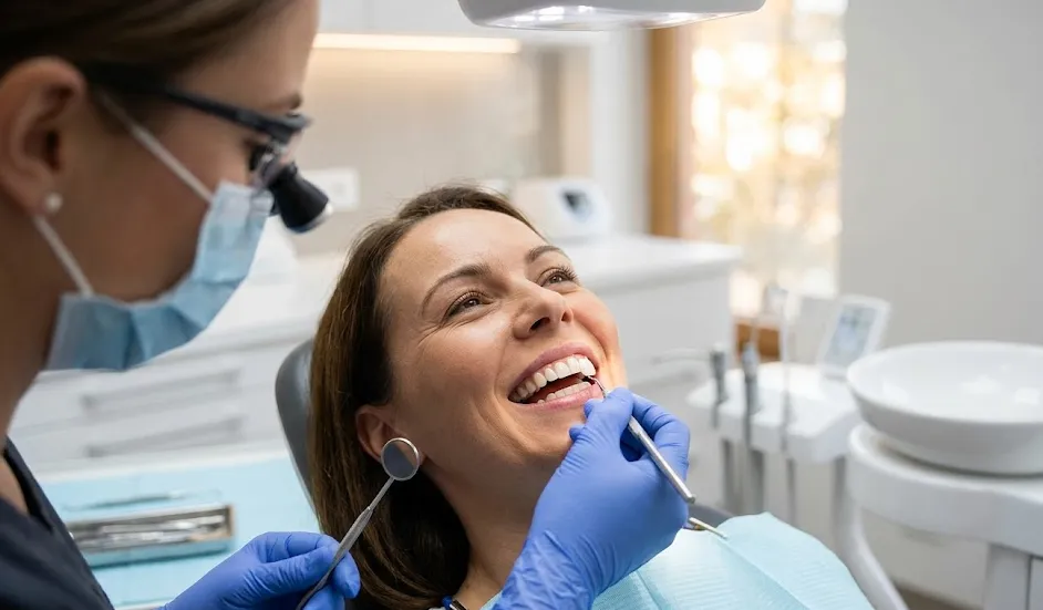 Dentist wearing a mask and gloves examines a smiling woman in a dental chair under bright overhead lighting.