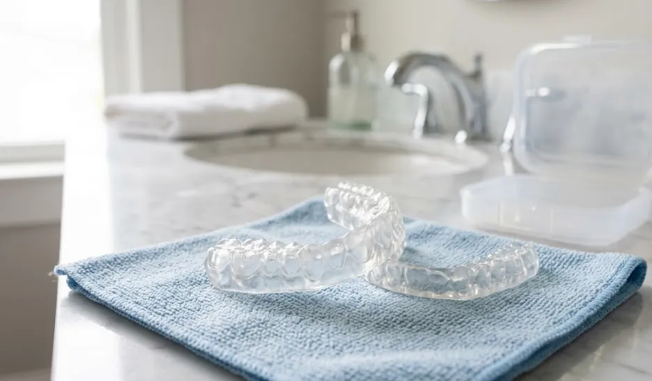 Clear dental night guard on a blue towel in a bathroom, ready to wear for teeth grinding treatment