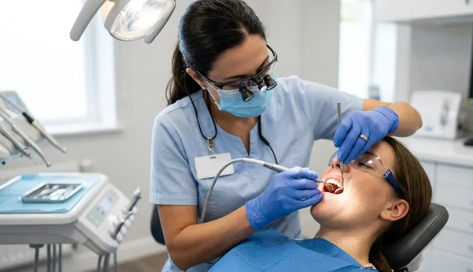 Dentist wearing mask and gloves performing a dental procedure on a patient in a dental chair.