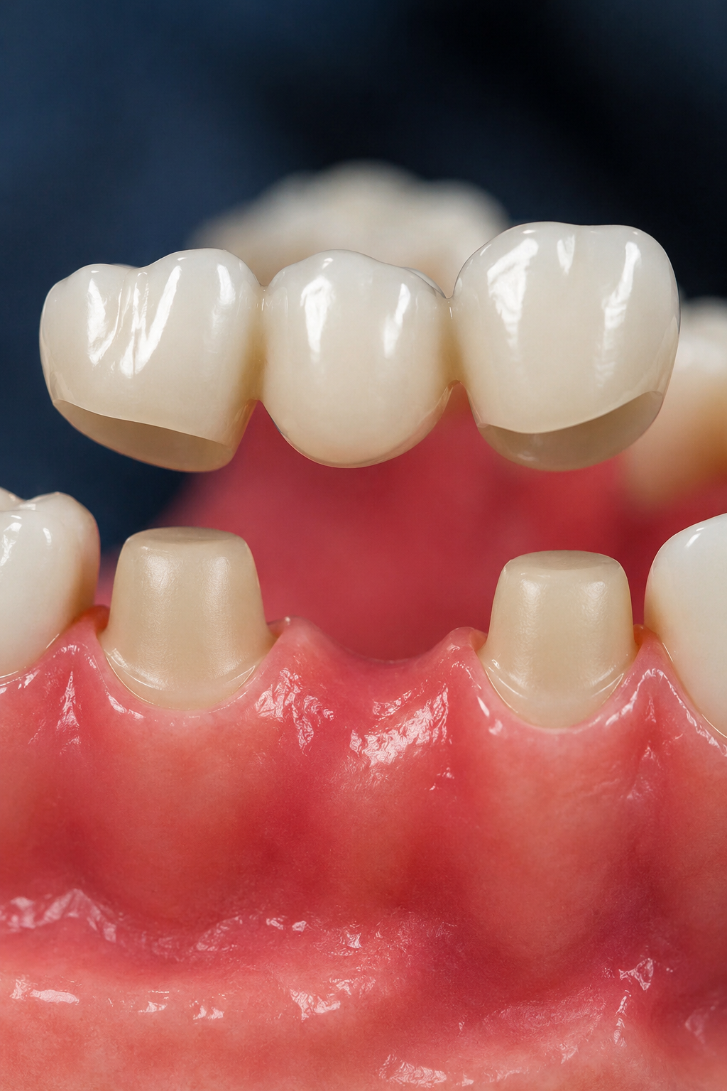 Close-up of a dental bridge on a model, spanning a gap with prepared teeth and gums visible below.