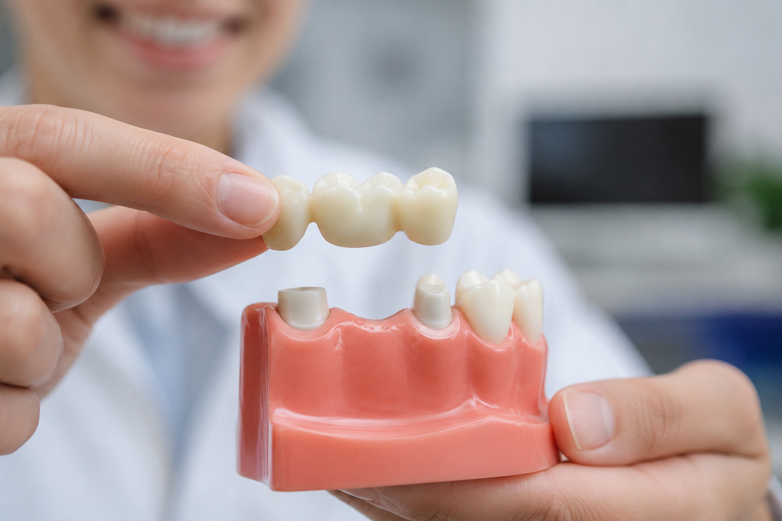 Person holds a dental bridge above a pink gum model, illustrating tooth replacement.