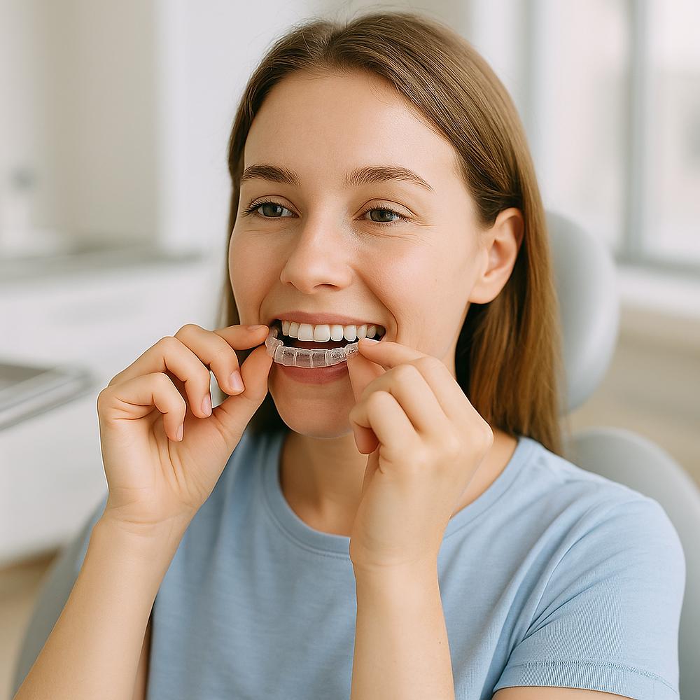 Woman in a light blue shirt sitting in a dental chair, placing a clear orthodontic aligner on her teeth.