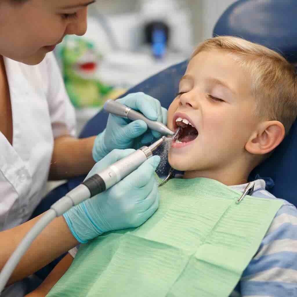 Dentist in gloves using a dental drill on a young patient in a dental chair.