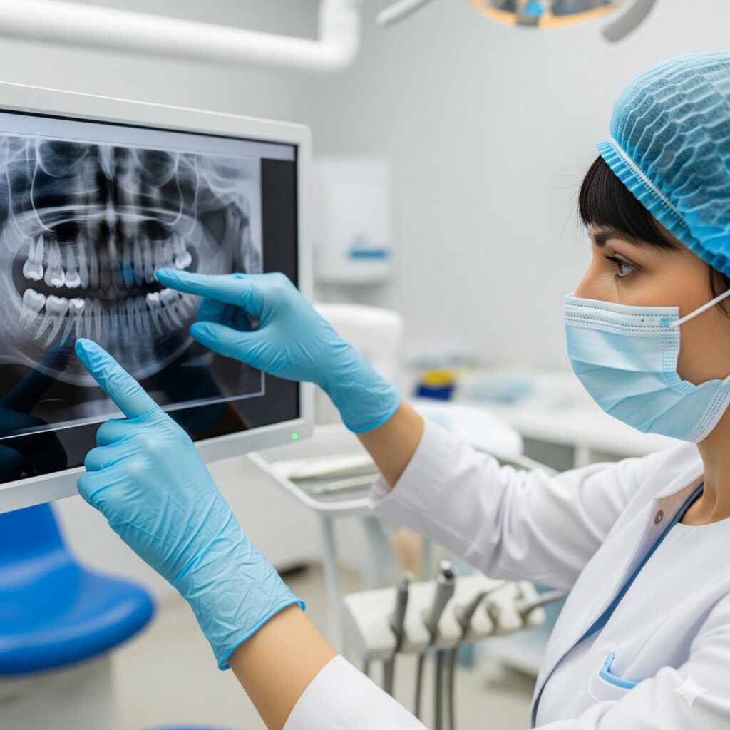 Dentist in a mask and cap points to a dental X-ray on a computer monitor wearing blue gloves in a clinic.
