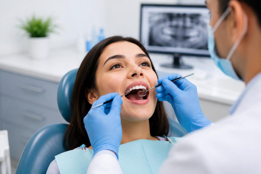 Dentist in mask and blue gloves uses dental tools to examine patient’s open mouth during a checkup with an X-ray on the screen nearby.