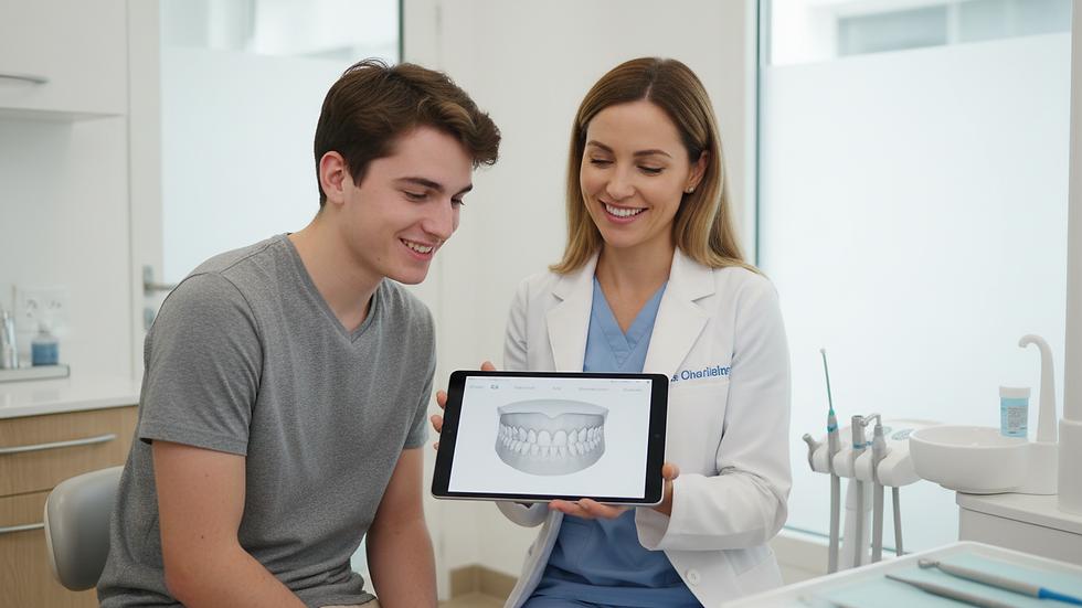 Dentist in a white coat shows a tablet with a 3D dental model to a smiling patient in a dental clinic.